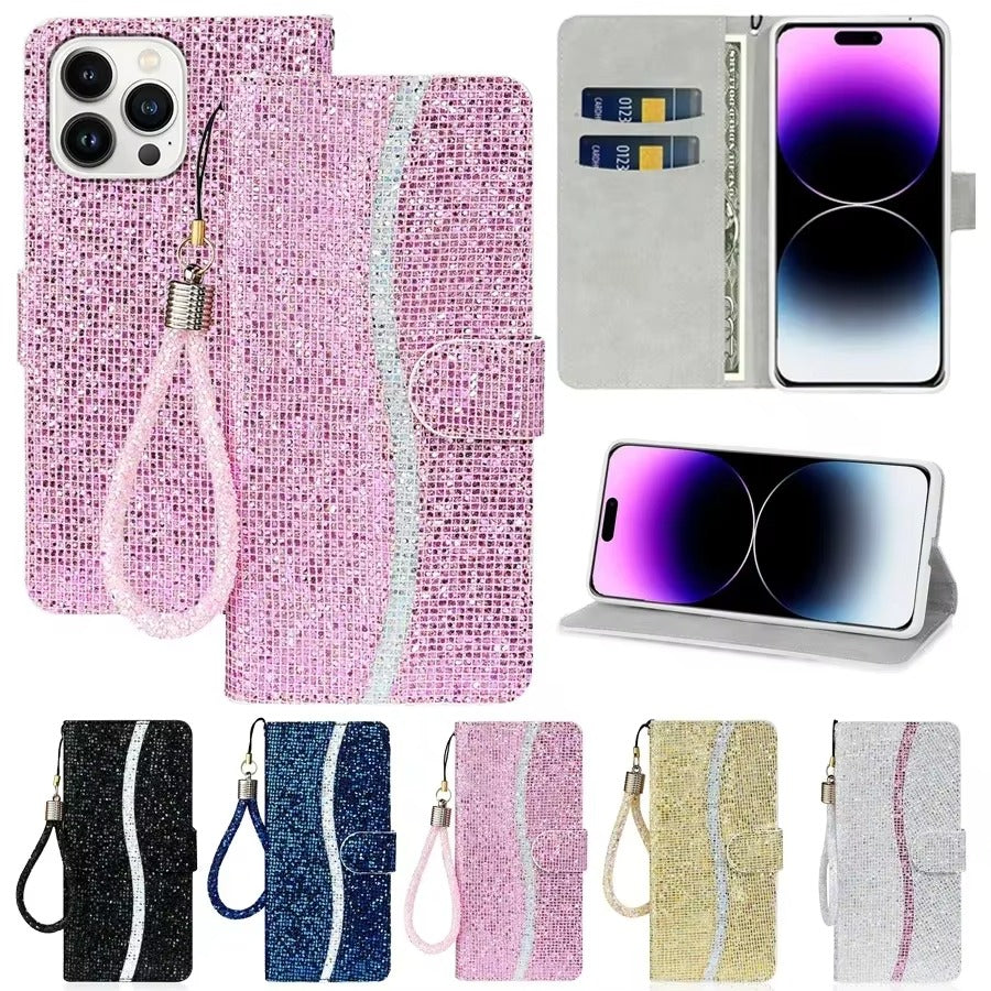 Luxury Apple iPhone Case, MagSafe Compatible, Camera Lens and Screen Protection, Ultra Thin, Shockproof, Magnetic, Full All Around Protection, Glitter Wallet Strap Cover