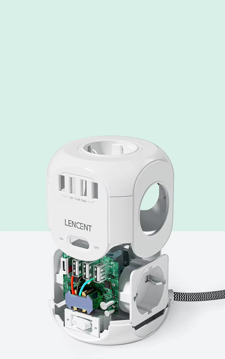 Premium, EU Plug Power Strip with 4 AC Outlets, 3 USB Ports, 1 Type-C, 2M/3M Braided Cable – Multi Socket Extension for Home