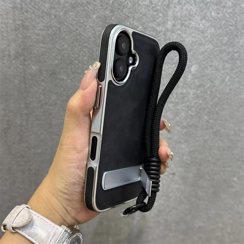High-End Apple iPhone Case, MagSafe Compatible, Camera Lens & Screen Protection, Ultra Thin, Shockproof, Magnetic Full All Around Cover – Business Plating Leather Case with Kickstand, Wrist Strap & Hand Chain