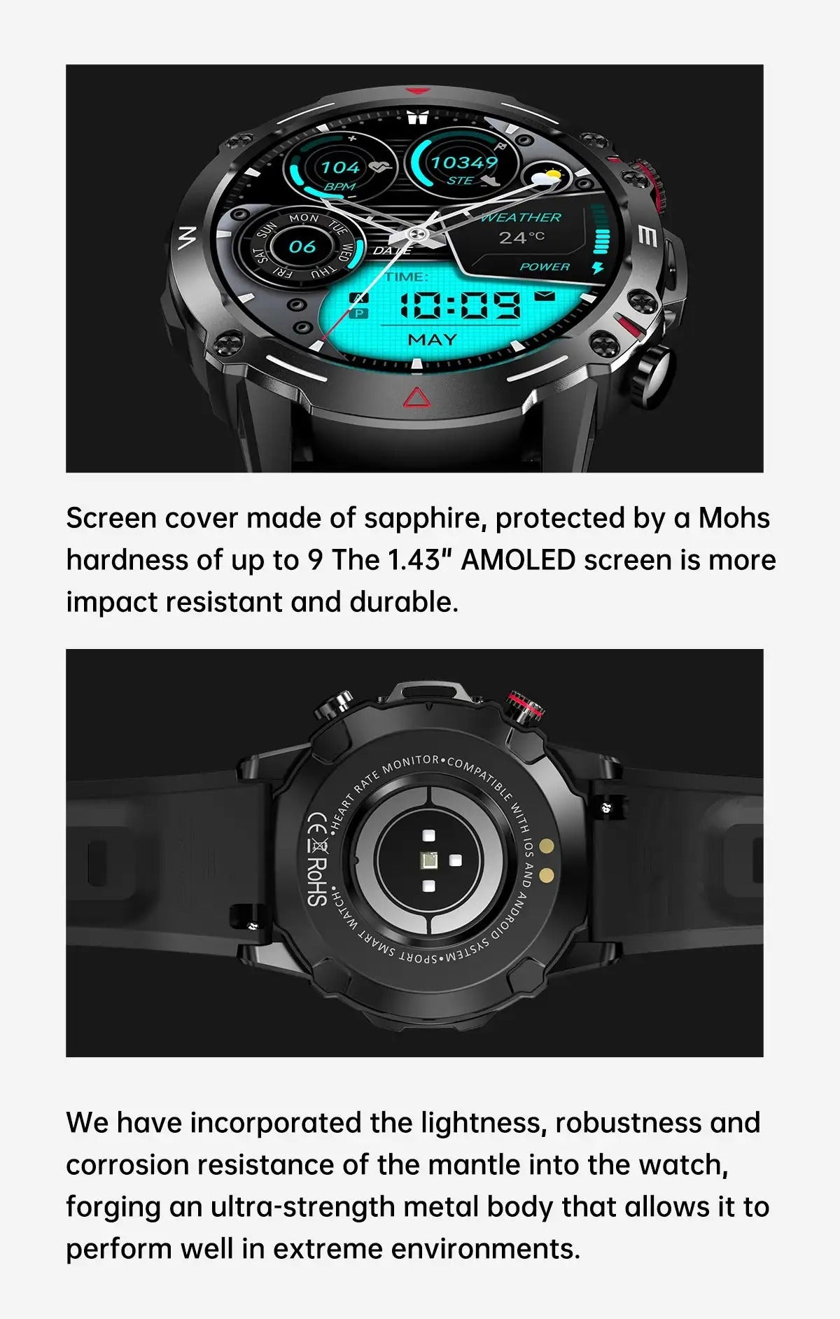 Premium Rugged AMOLED Smartwatch – 1.43" Bluetooth Calling Watch, IP68 Waterproof, Fitness Tracker, SpO2, Sleep Monitor, Voice Assistant, Long Battery Life