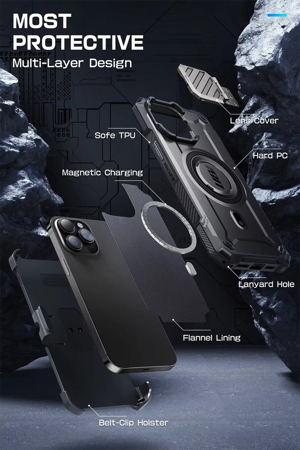 Robust Apple iPhone Case, MagSafe Compatible, Ultra Thin Magnetic Shockproof Cover with Camera Lens Shield, Kickstand Frame