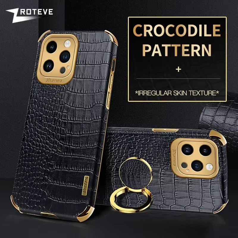 Premium Apple iPhone Case MagSafe Compatible, Camera Lens & Screen Protection, Ultra Thin Shockproof Magnetic Full All Around Protection Cover with Crocodile Leather Ring Holder