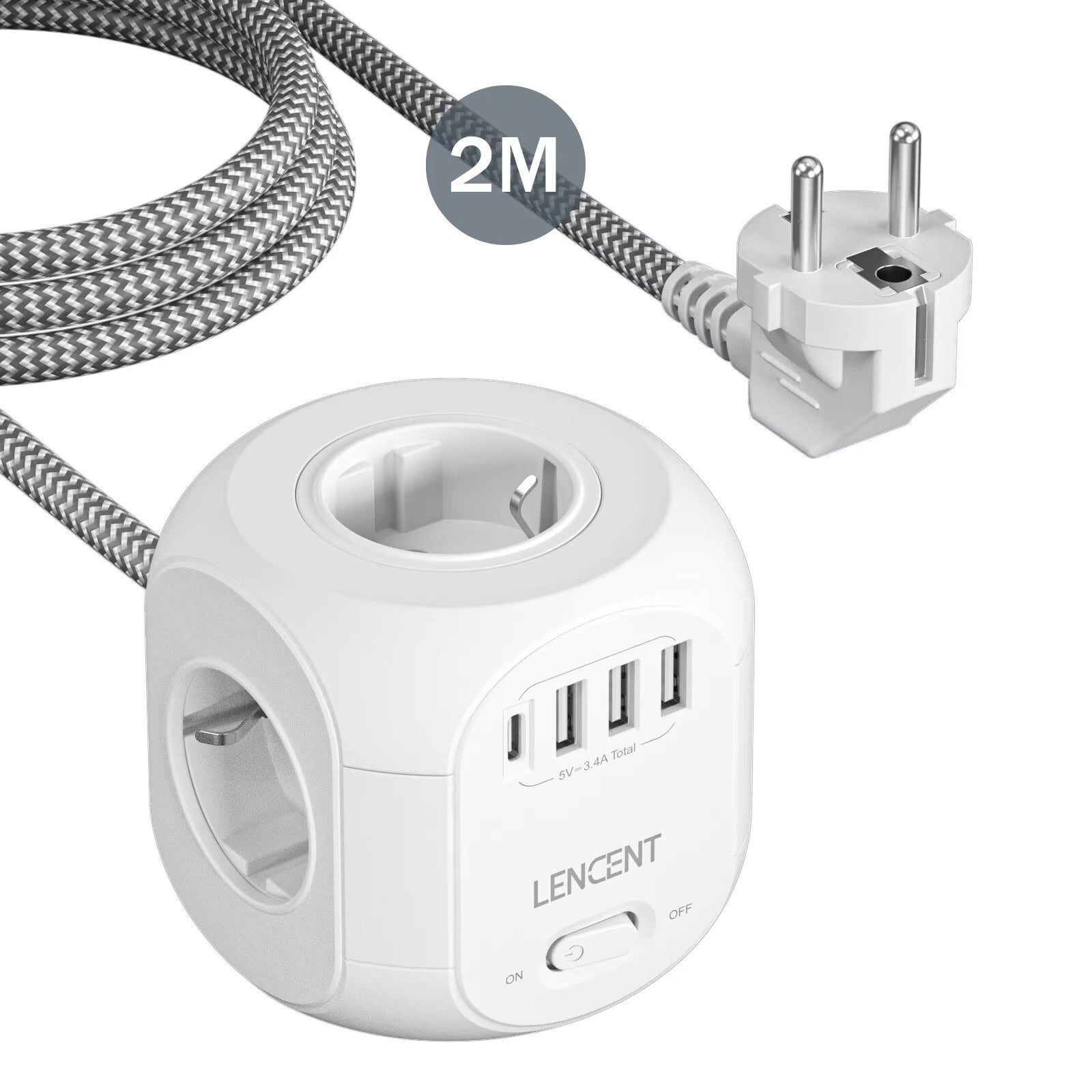 Premium, EU Plug Power Strip with 4 AC Outlets, 3 USB Ports, 1 Type-C, 2M/3M Braided Cable – Multi Socket Extension for Home