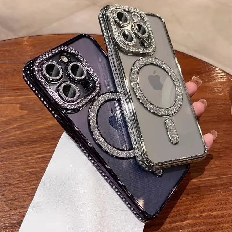 Luxury Apple iPhone Case, MagSafe Compatible, Camera Lens & Screen Protection, Ultra Thin, Shockproof, Magnetic Full All Around Cover – Glitter Diamond Transparent Case with Wireless Charging & Bumper Edge Design