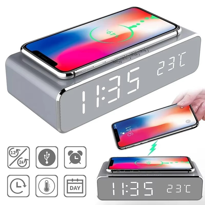 Luxury Wireless Charging Alarm Clock – LED Digital Thermometer Dock Station with Fast 5W Charger for Phones, Smartwatches, and Earbuds