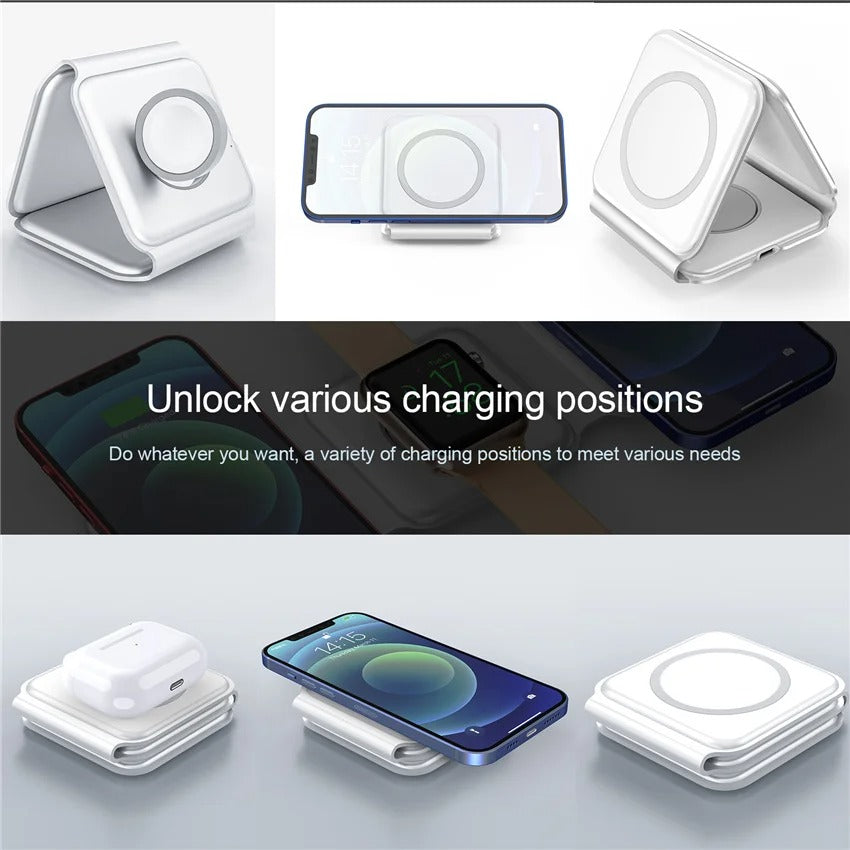 Premium 3 in 1 Magnetic Wireless Charger Pad – Portable Fast Charging Dock for iPhone, Apple Watch, AirPods with Foldable Stand, Type-C, 15W Output