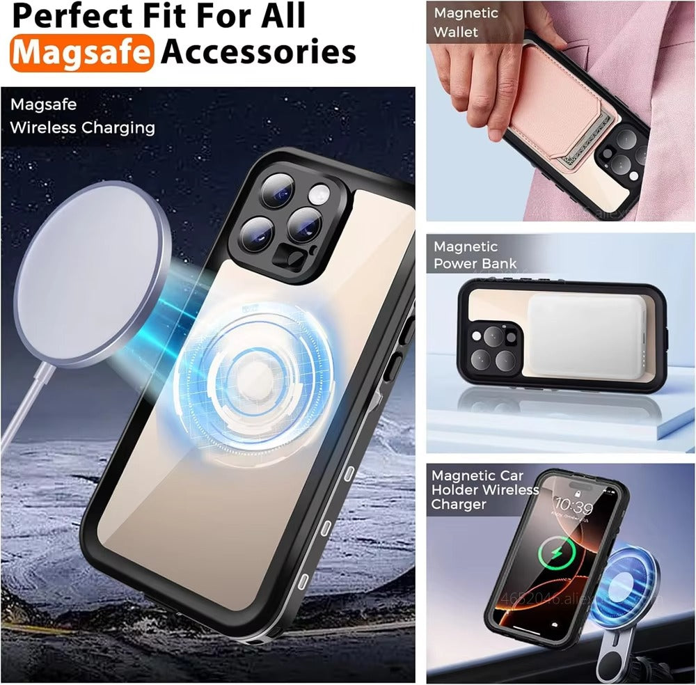 High Quality Apple iPhone Case MagSafe Compatible, Camera Lens & Screen Protection, Ultra Thin Shockproof Magnetic Full All Around Protection Cover with IP68 Snowproof Design