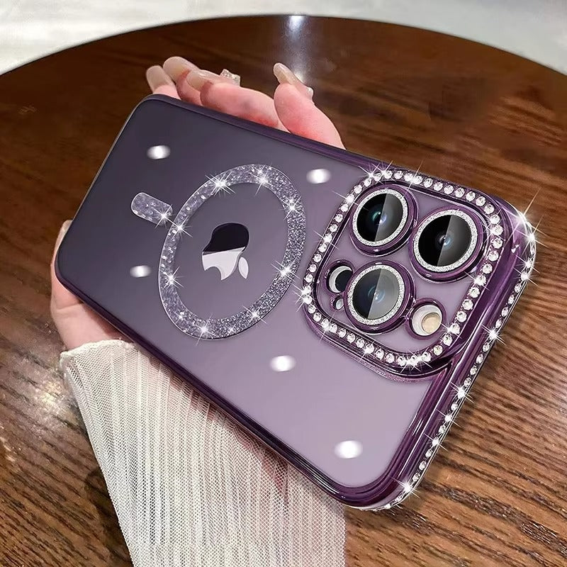 Luxury Pink Glitter Apple iPhone Case, MagSafe Compatible, Ultra Thin Magnetic Shockproof Full Protection Cover and Diamond Clear Plated Shell
