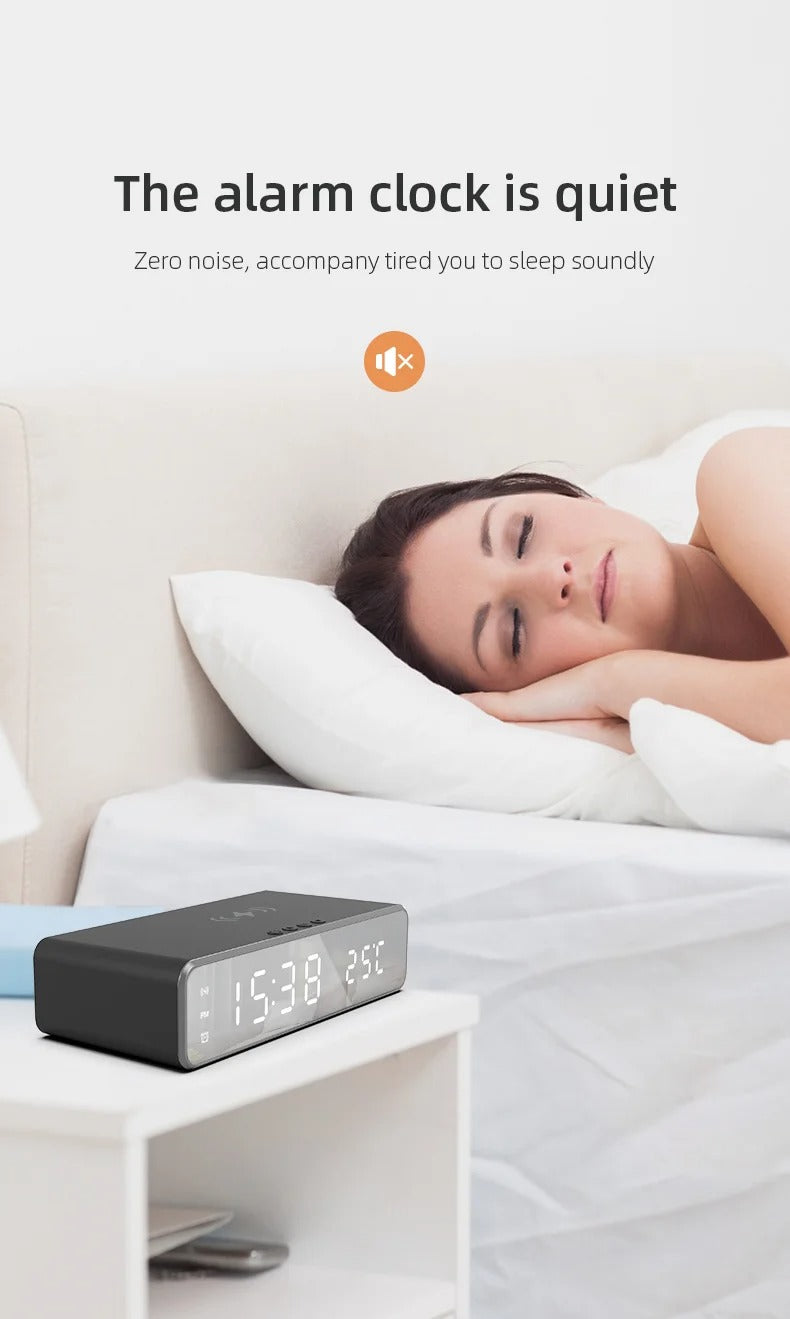 Luxury Wireless Charging Alarm Clock – LED Digital Thermometer Dock Station with Fast 5W Charger for Phones, Smartwatches, and Earbuds