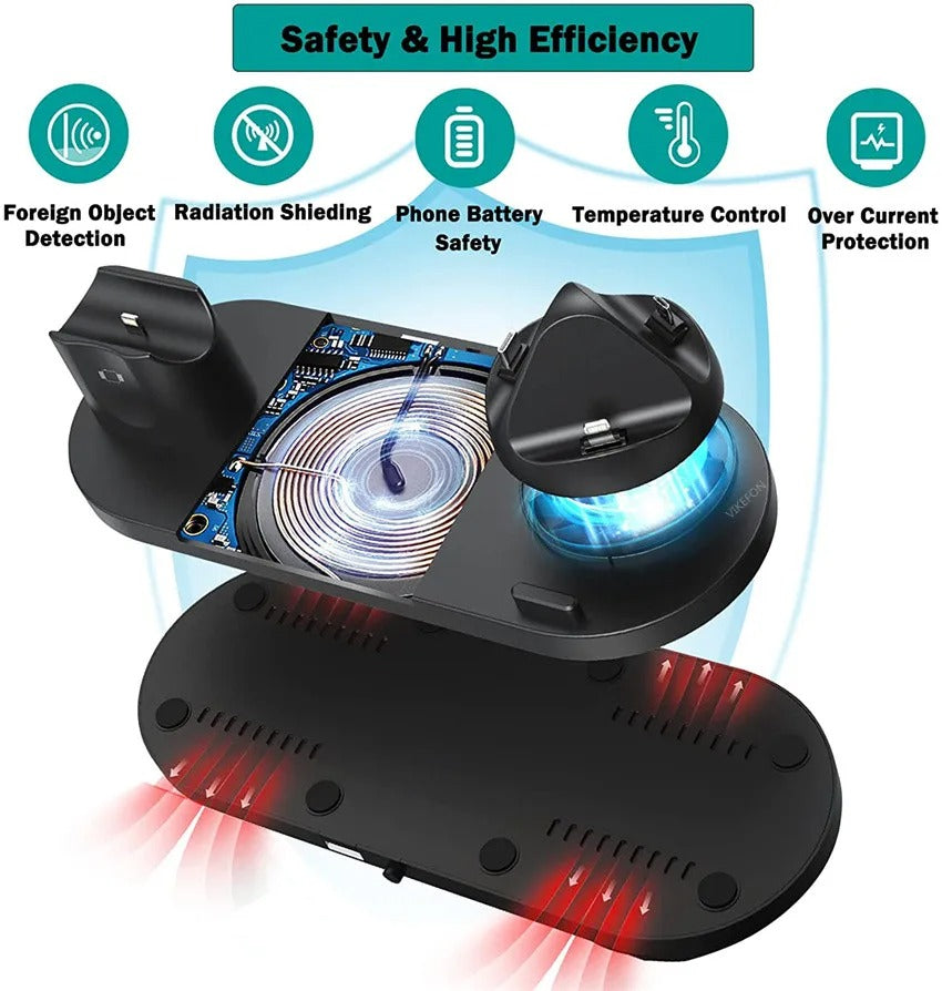 Premium 6 in 1 Wireless Charging Station – Fast Charger Dock for iPhone, Apple Watch, AirPods with Type-C, Lightning & Micro USB Ports, 15W Output