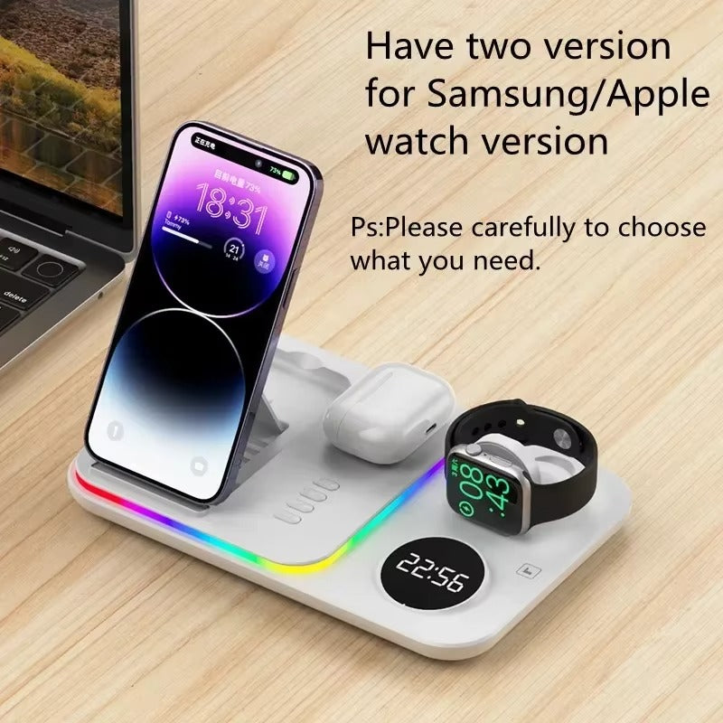 Premium 5 in 1 Wireless Charging Station – 30W Foldable Fast Charger Dock with RGB LED Light, Alarm Clock for Phones, Apple Watch, Samsung Watch & AirPods