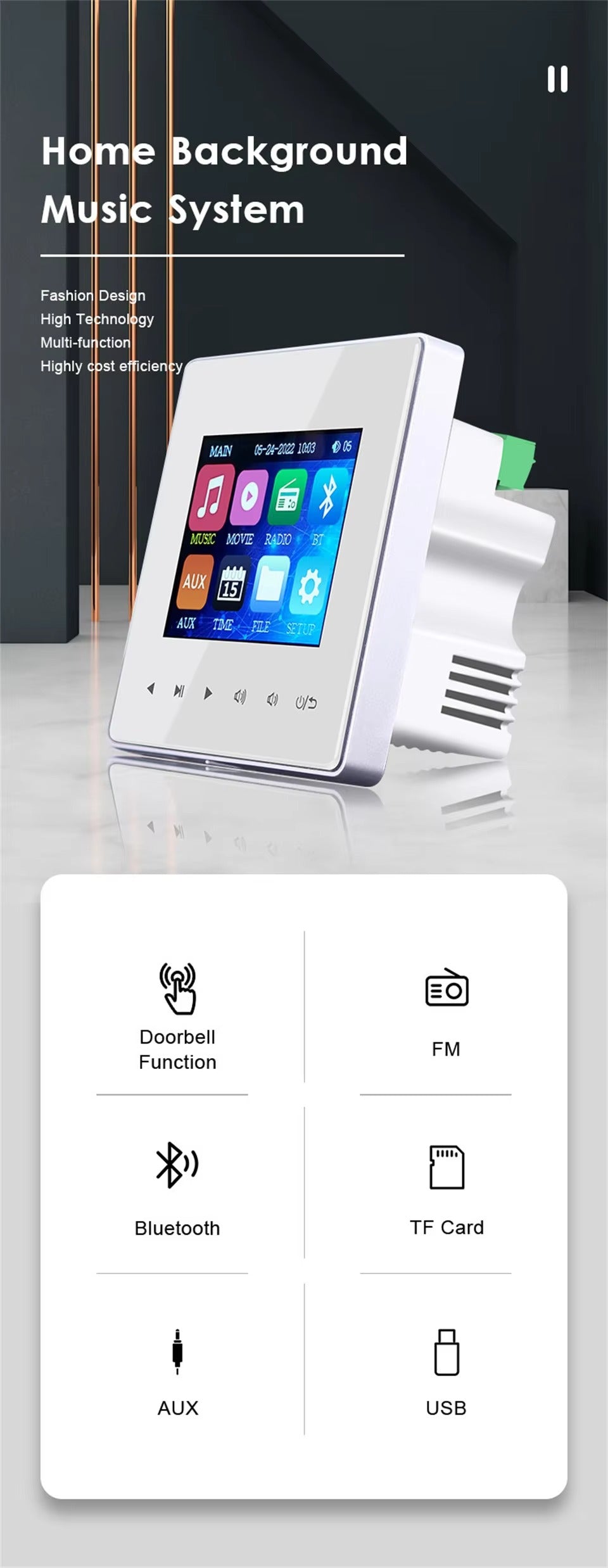 Premium Bluetooth Wall Amplifier for iPhone, 2.8" HD Touchscreen Music Control Panel, Smart Home Stereo System with FM, AUX,