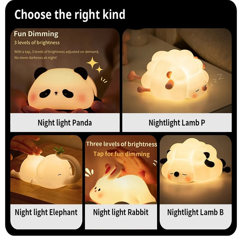 Premium Cute Animal LED Night Light – Touch Sensor, USB Rechargeable Silicone Lamp, 3 Brightness Levels, 30-Min Timer, Bedside Kids Room Decor, Portable & Soft Glow