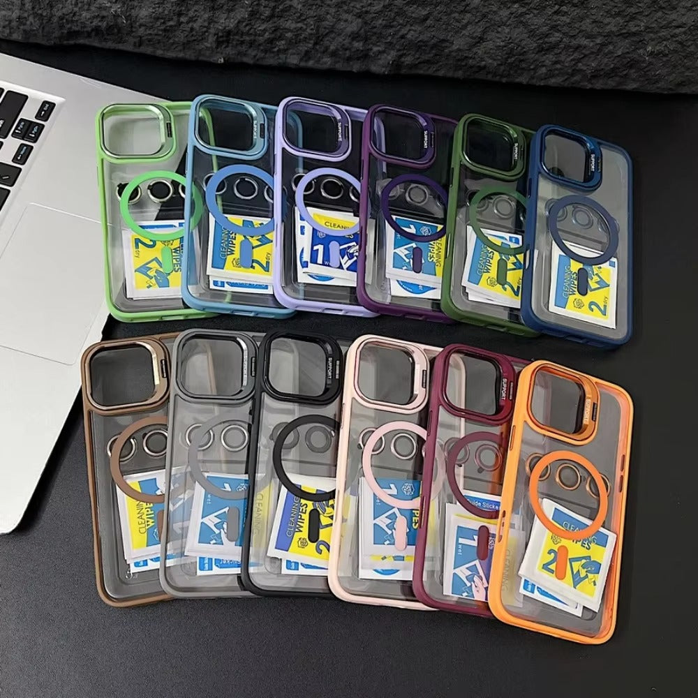 Premium Apple iPhone Case MagSafe Compatible, Camera Lens & Screen Protection, Cover with Transparent Stand & Lens Film