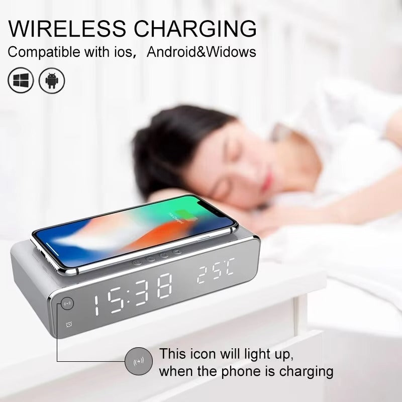 Luxury Wireless Charging Alarm Clock – LED Digital Thermometer Dock Station with Fast 5W Charger for Phones, Smartwatches, and Earbuds