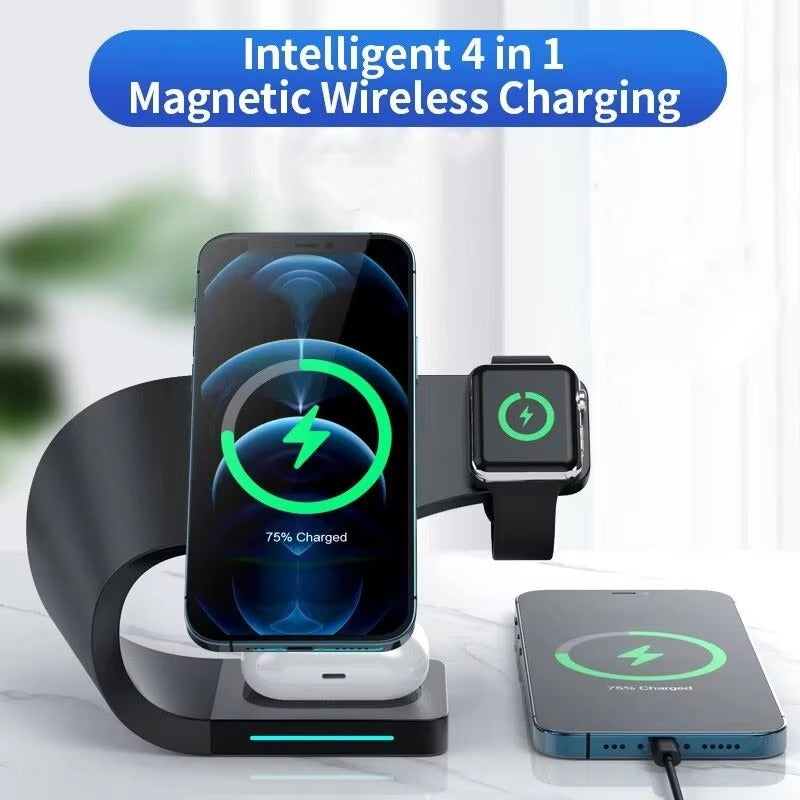 Premium 4 in 1 Magnetic Wireless Charging Station – 15W Fast Charger Dock with LED Indicator for Phones, Apple Watch, AirPods and USB Devices