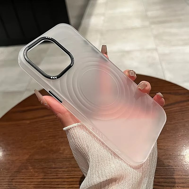 Luxury Apple iPhone Case, MagSafe Compatible, Camera Lens & Screen Protection, Ultra Thin, Shockproof, Magnetic Full All Around Cover – Water Ripple Matte Translucent Case with Metal Lens Bumper & Hard Back