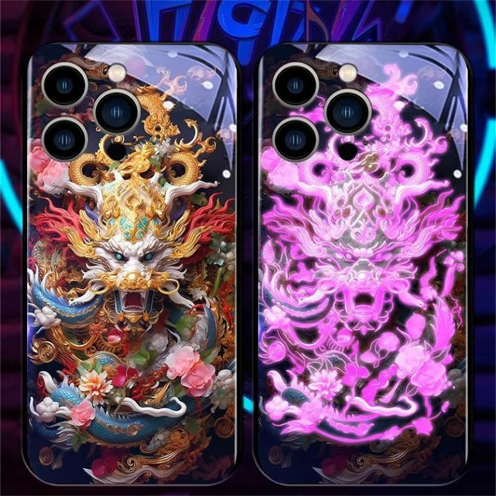 Premium Apple iphone Case, LED Flash, Sound Reactive, Shockproof, Ultra Thin, Full Body Protection, Golden Dragon Luminous Glass Cover