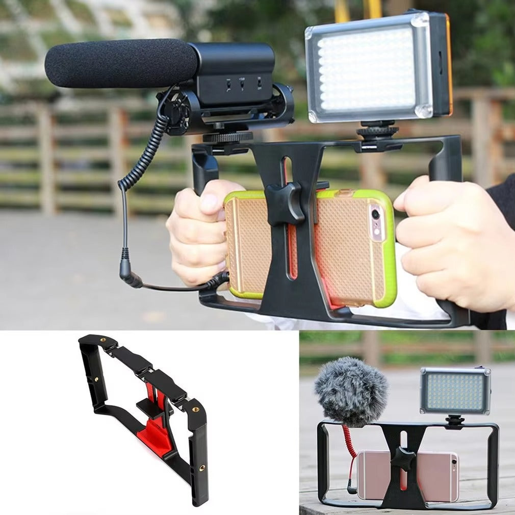Robust Smartphone Video Rig Stabilizer with Dual Handgrips – Universal Handheld Phone Cage for YouTube, Live Streaming, Vlogging, LED & Mic Mount