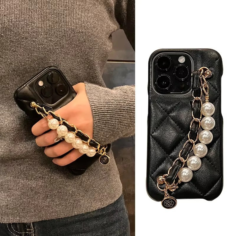 Luxury Apple iPhone Case, MagSafe Compatible, Camera Lens & Screen Protection, Ultra Thin, Shockproof, Magnetic Full All Around Cover – Pearl Metal Hand Chain Case with Lattice Lambskin Pattern for Women