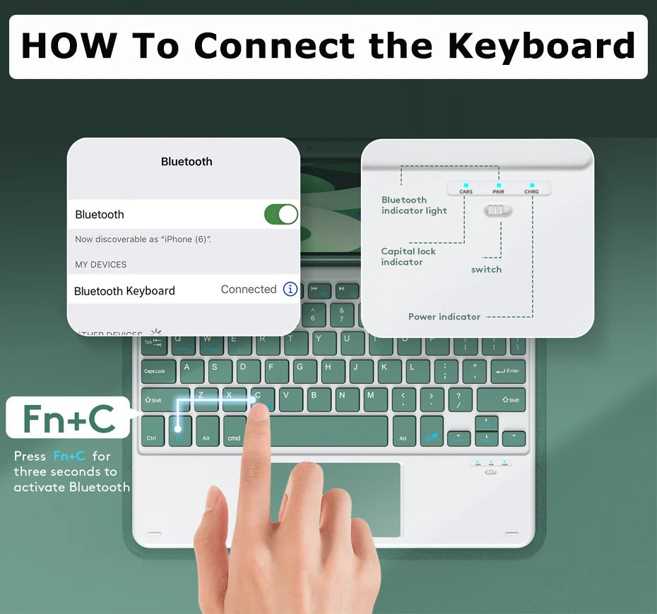 Luxury Wireless Keyboard Case with Free Mouse – Bluetooth Keyboard Cover with Touchpad, Leather Texture, Built-in Battery, for 10–11 inch Tablets, Solid Color Design