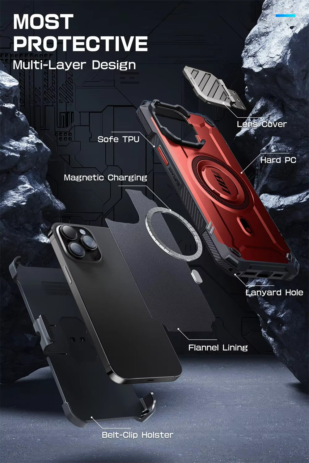 Robust Apple iPhone Case, MagSafe Compatible, Ultra Thin Magnetic Shockproof Cover with Camera Lens Shield, Kickstand Frame