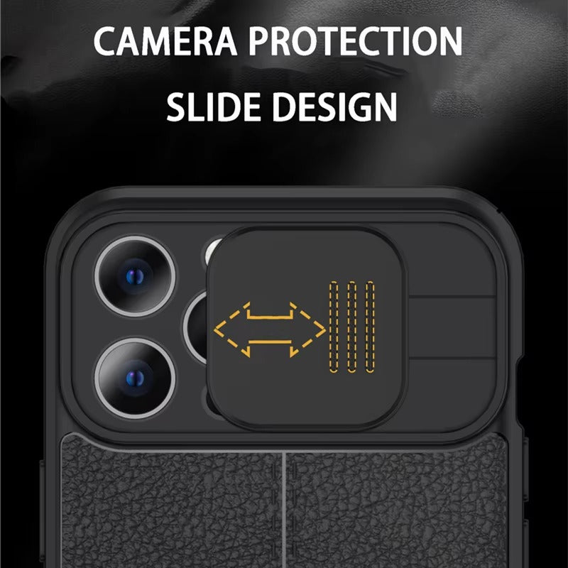 Luxury Leather Texture Apple iPhone Case, MagSafe Compatible, Ultra Thin Magnetic Shockproof Sliding Camera Lens Protector