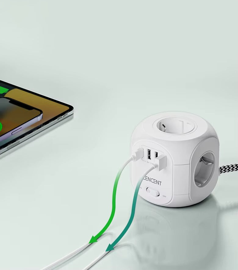 Premium, EU Plug Power Strip with 4 AC Outlets, 3 USB Ports, 1 Type-C, 2M/3M Braided Cable – Multi Socket Extension for Home