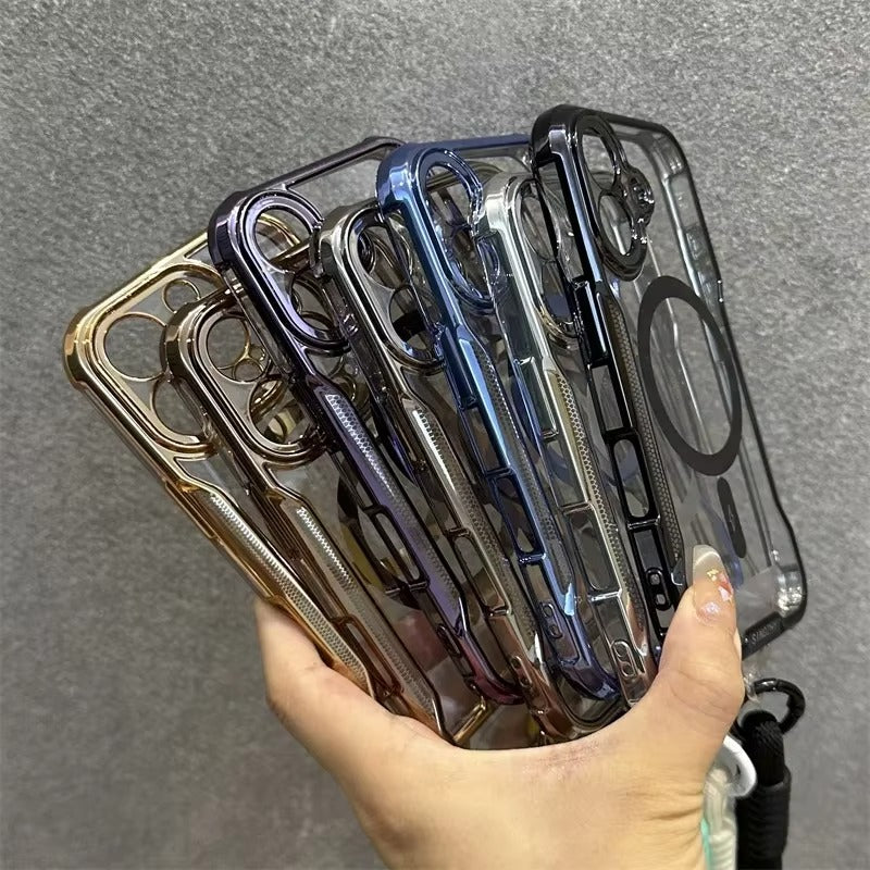 High Quality Apple iPhone Case, MagSafe Compatible, Camera Lens & Screen Protection, Ultra Thin, Shockproof, Magnetic Full All Around Cover – Blade Mecha TPU Transparent Case with Plating Finish & Wrist Strap