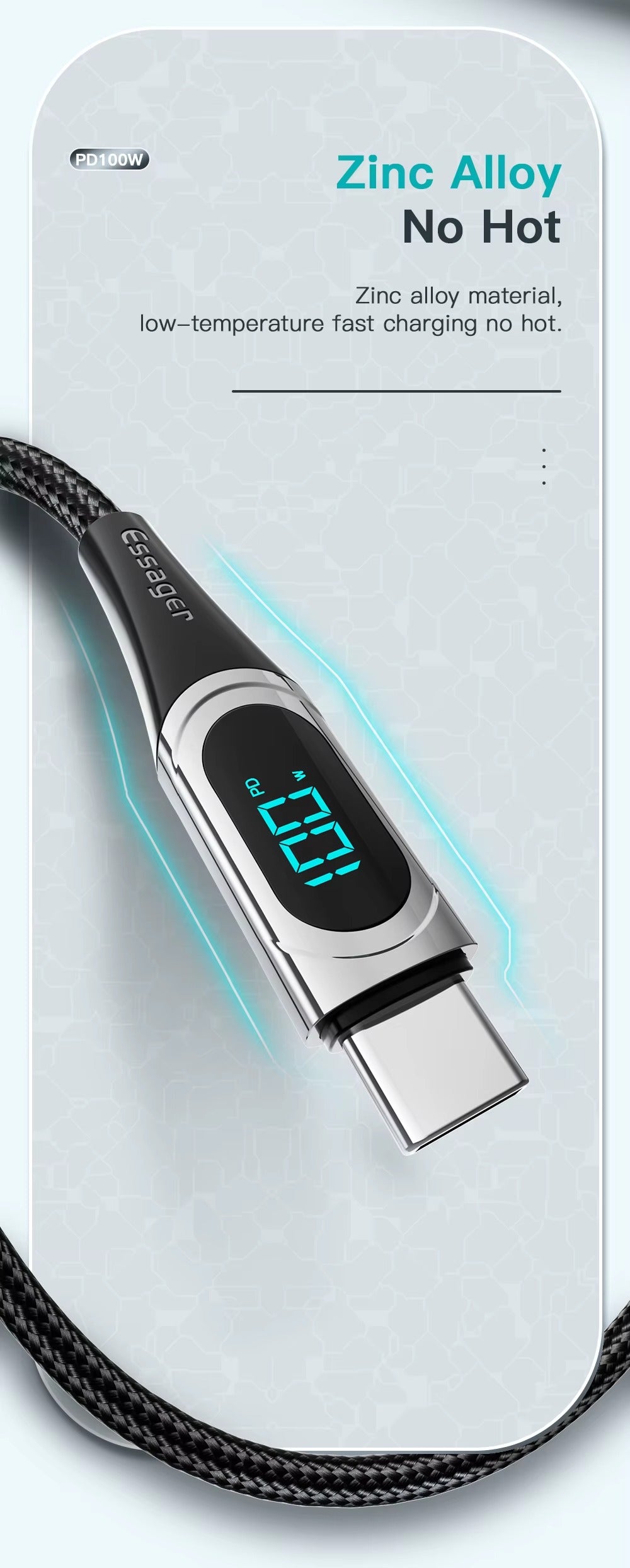 High Power 100W USB-C to USB-C Cable – Fast Charging 5A PD Charger Cord with LED Display, 480Mbps Data Transfer, 1m/2m Nylon Braided Wire for Laptop & Phone