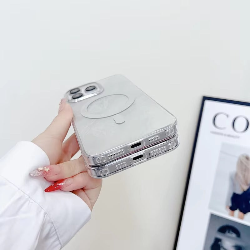 Luxury Apple iPhone Case, MagSafe Compatible, Camera Lens & Screen Protection, Ultra Thin, Shockproof, Magnetic Full All Around Cover – Laser Aurora Raindrop Acrylic Case with Wrist Strap & Wireless Charging