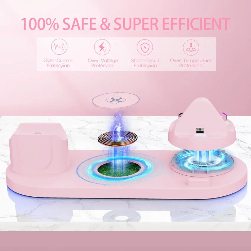 Premium 6 in 1 Wireless Charging Station – Fast Charger Dock for iPhone, Apple Watch, AirPods with Type-C, Lightning & Micro USB Ports, 15W Output