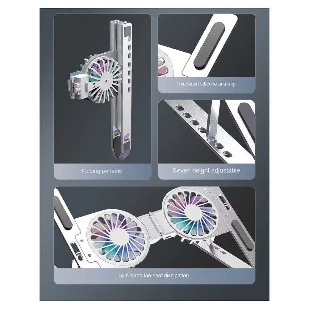 Luxury Aluminum Laptop Stand with RGB Light & Dual Cooling Fans – 7-Level Height Adjustable Notebook Holder, USB Powered, Foldable & Portable for 17" Devices