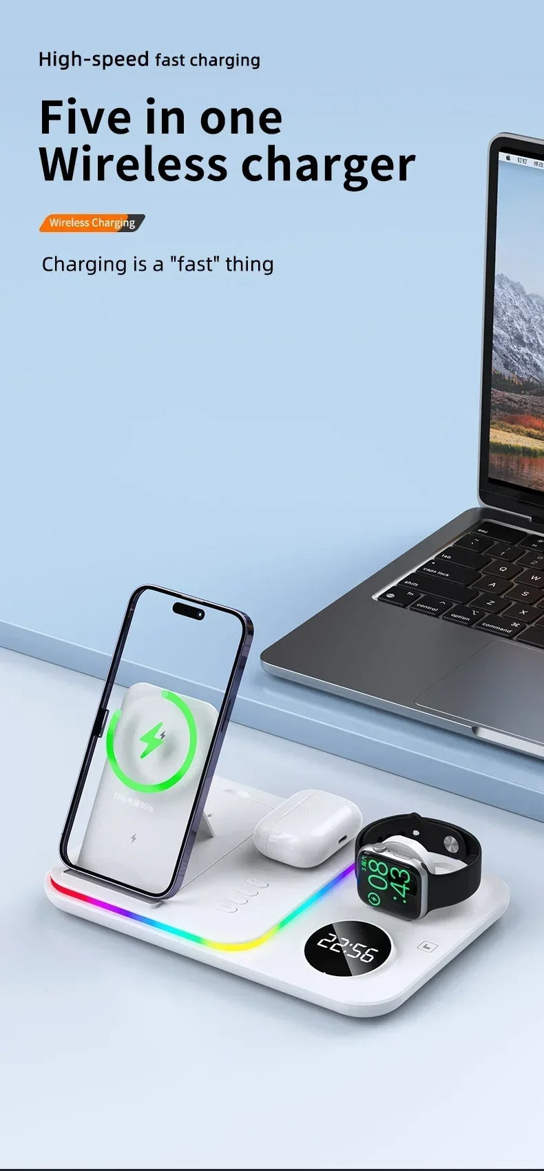 Premium 5 in 1 Wireless Charging Station – 30W Foldable Fast Charger Dock with RGB LED Light, Alarm Clock for Phones, Apple Watch, Samsung Watch & AirPods