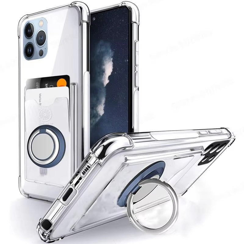 High Quality Transparent Phone Case with Magnetic Ring – Soft, Shockproof Cover with Built-In Card Holder for Apple Plus