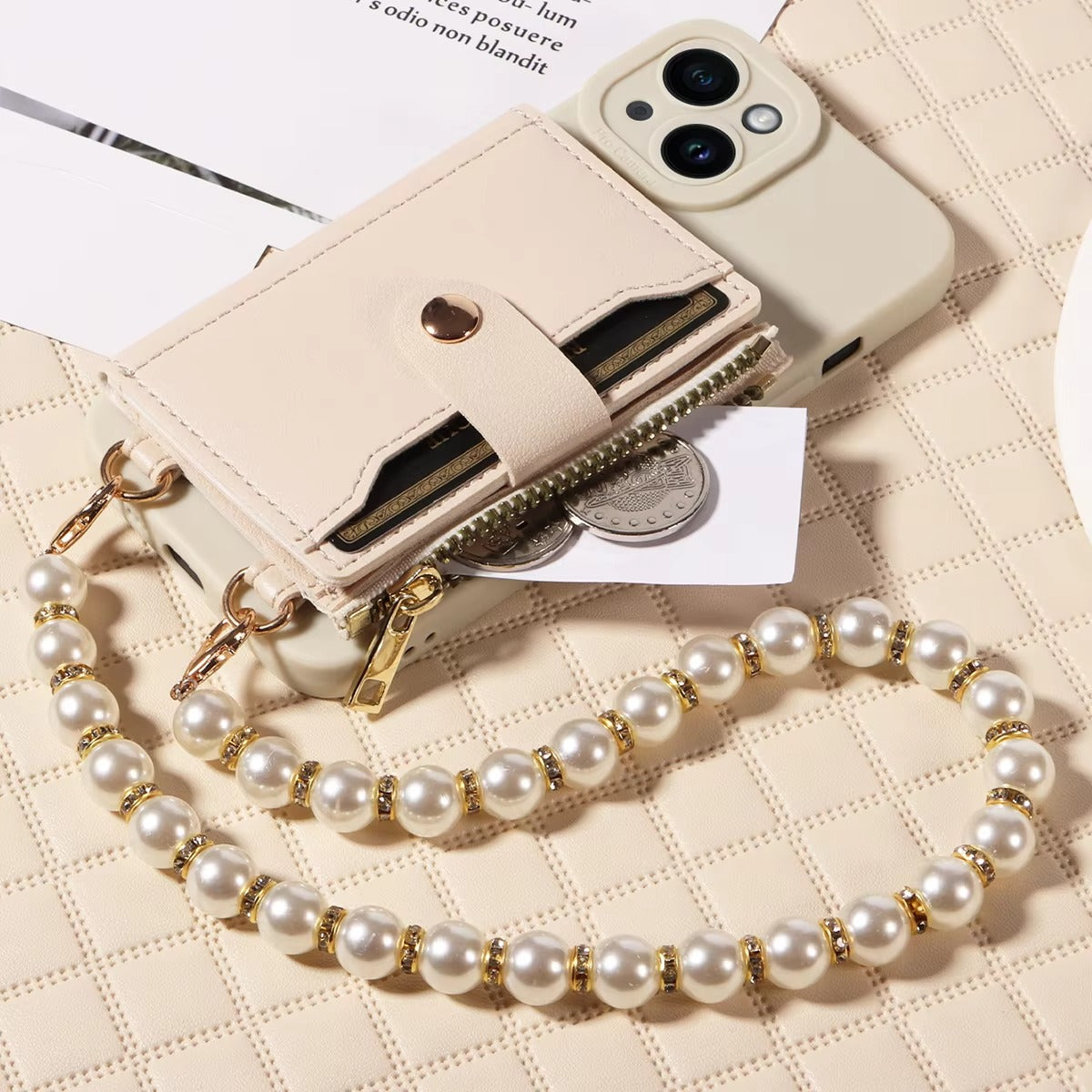 High Quality Apple iPhone Case, MagSafe Compatible, Camera Lens & Screen Protection, Ultra Thin, Shockproof, Magnetic Full All Around Cover – PU Leather Wallet Case with Mirror, Zipper & Pearl Strap