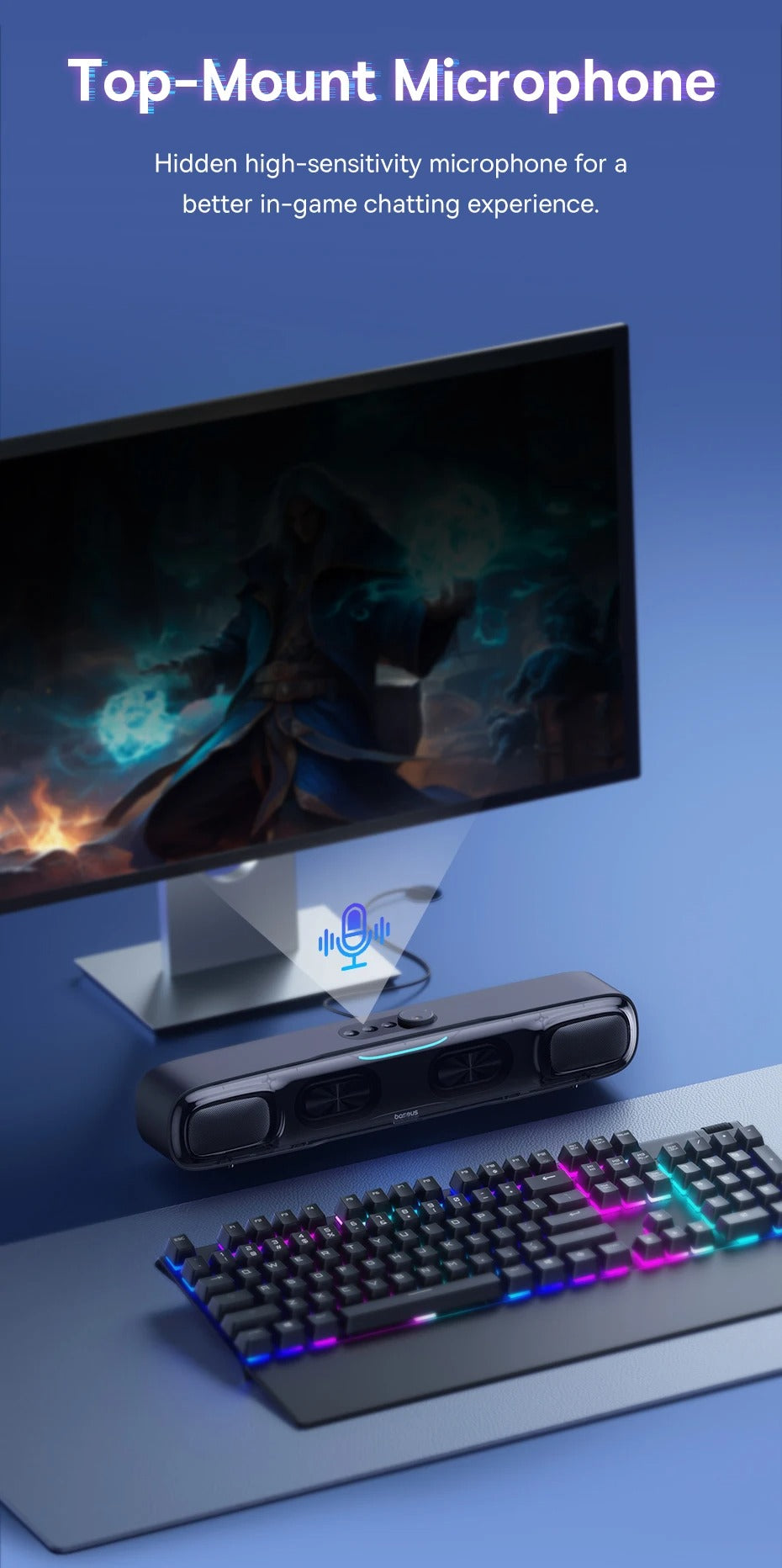 Premium Mini Bluetooth Soundbar for iPhone & Mac – Desk Speaker with 3D Surround Audio, Triple-Mode Playback, Subwoofer