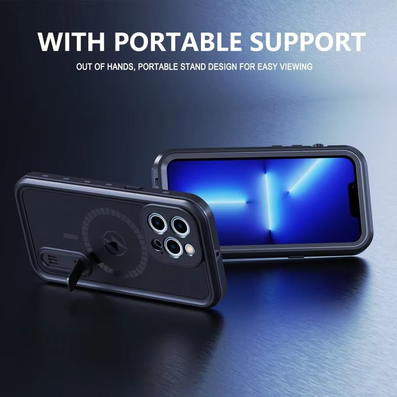 High Quality Apple iPhone Case MagSafe Compatible, Camera Lens & Screen Protection, Cover with IP68 Diving Armor Stand