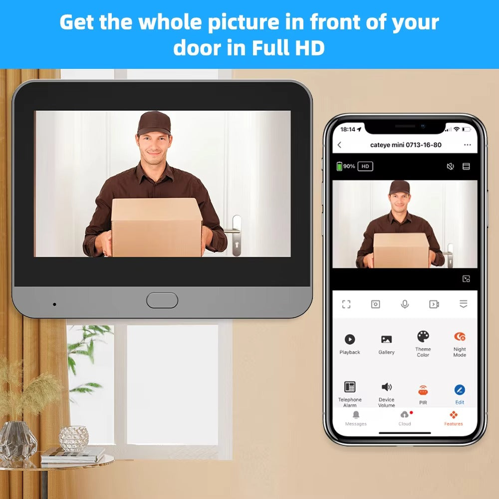 High Quality Smart Door Viewer for iPhone, 3MP WiFi Peephole Camera, Battery-Powered PIR Motion Sensor with 140° Wide Angle