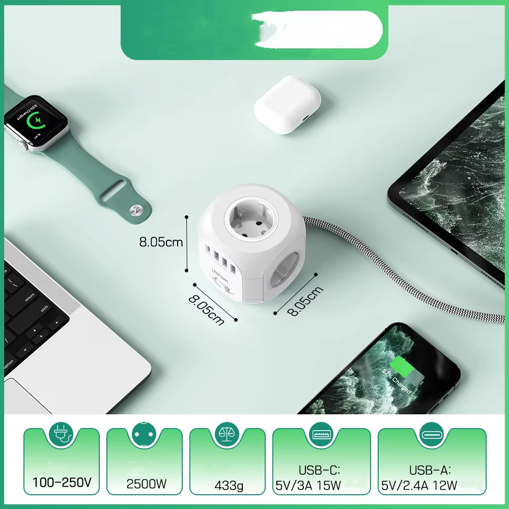 Premium, EU Plug Power Strip with 4 AC Outlets, 3 USB Ports, 1 Type-C, 2M/3M Braided Cable – Multi Socket Extension for Home