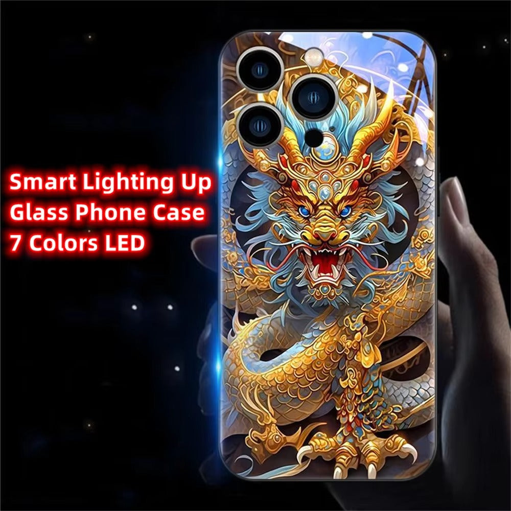 Premium Apple iphone Case, LED Flash, Sound Reactive, Shockproof, Ultra Thin, Full Body Protection, Golden Dragon Luminous Glass Cover