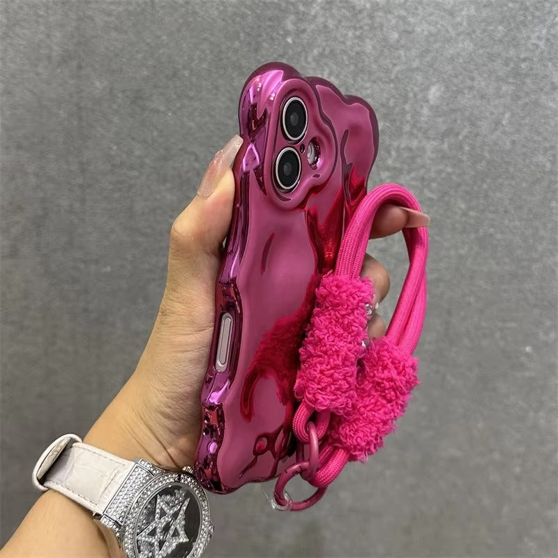 Luxury Apple iPhone Case, MagSafe Compatible, Camera Lens & Screen Protection, Ultra Thin, Shockproof, Magnetic Full All Around Cover – 3D Wave Edge Plating Case with Plush Wristband & Lanyard Strap