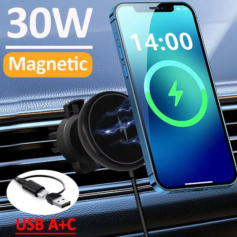 High-Speed 30W Magnetic Wireless Car Charger – Phone Holder Stand with Fast Charging, Dashboard or Vent Mount