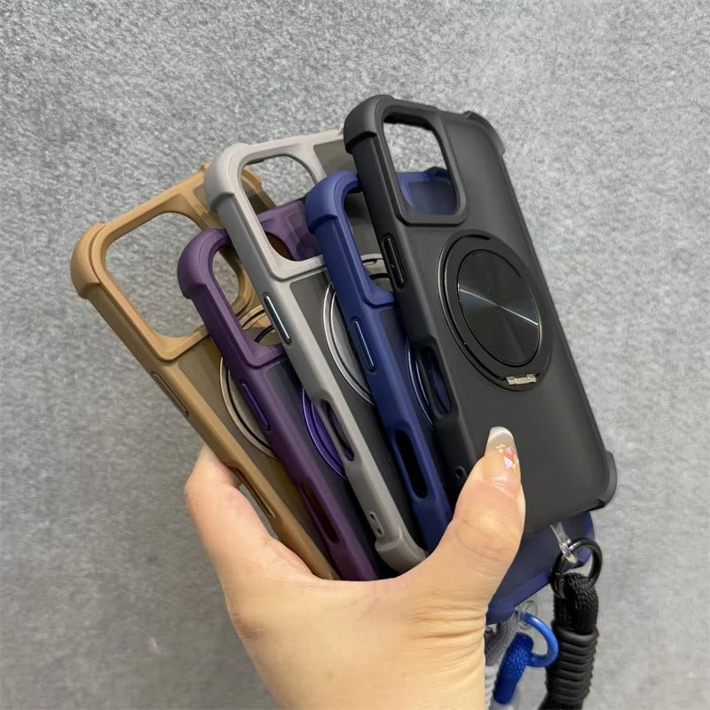 Premium Apple iPhone Case, MagSafe Compatible, Camera Lens & Screen Protection, Ultra Thin, Shockproof, Magnetic Full All Around Cover – 360° Rotating Stand Case with Airbag Corners & Wrist Strap