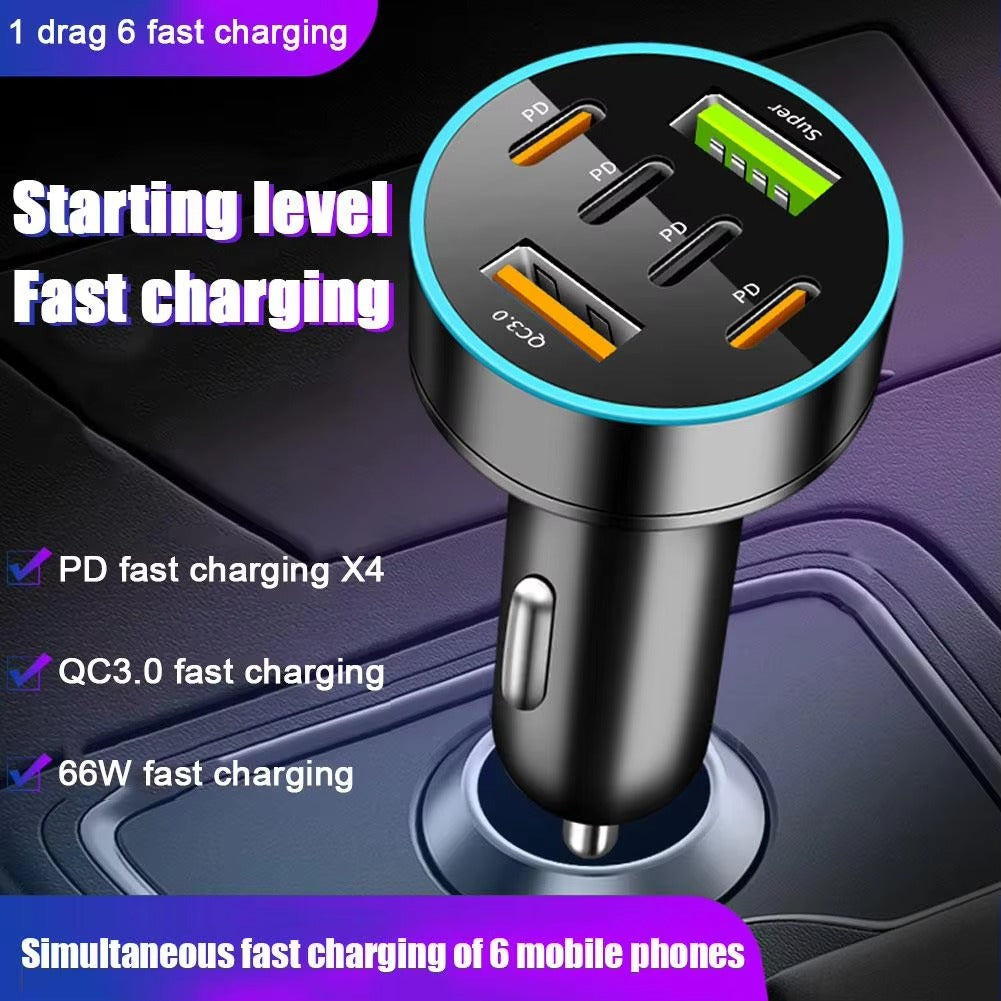Premium 250W USB Car Charger with Digital Display – 6-Port Fast Charging PD QC3.0 Type-C Adapter, Intelligent Protection, Quick Charge