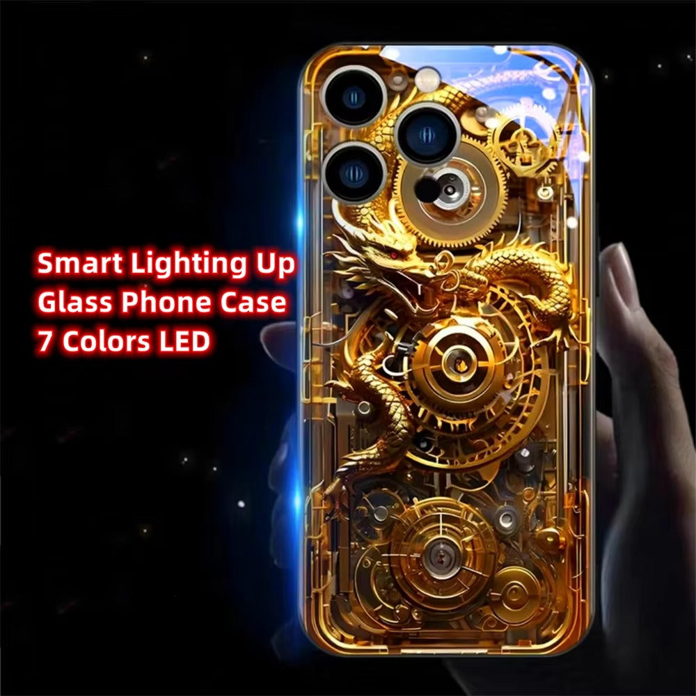 Premium Apple iphone Case, LED Flash, Sound Reactive, Shockproof, Ultra Thin, Full Body Protection, Golden Dragon Luminous Glass Cover