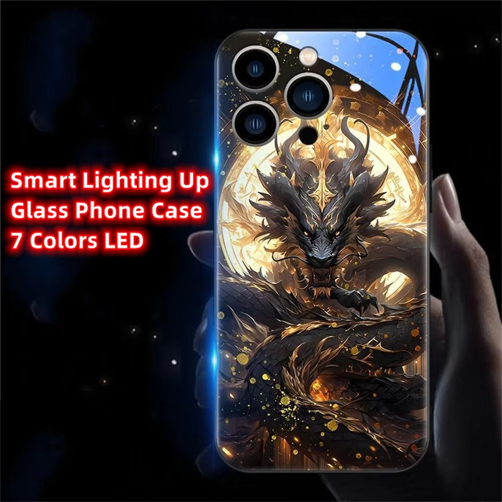 Premium Apple iphone Case, LED Flash, Sound Reactive, Shockproof, Ultra Thin, Full Body Protection, Golden Dragon Luminous Glass Cover