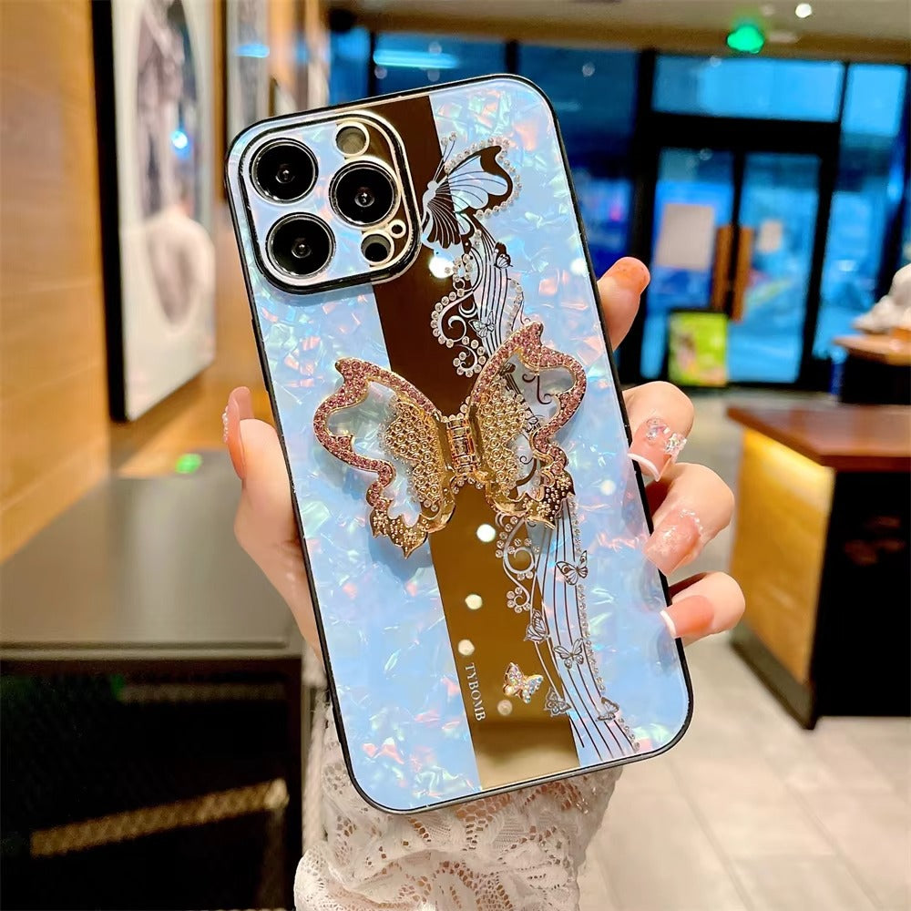 Fashion Apple iPhone Case, MagSafe Compatible, Camera Lens & Screen Protection, Ultra Thin, Shockproof, Magnetic Full All Around Cover – Butterfly Ring Holder Case with Full Shockproof Armor Back for Girls