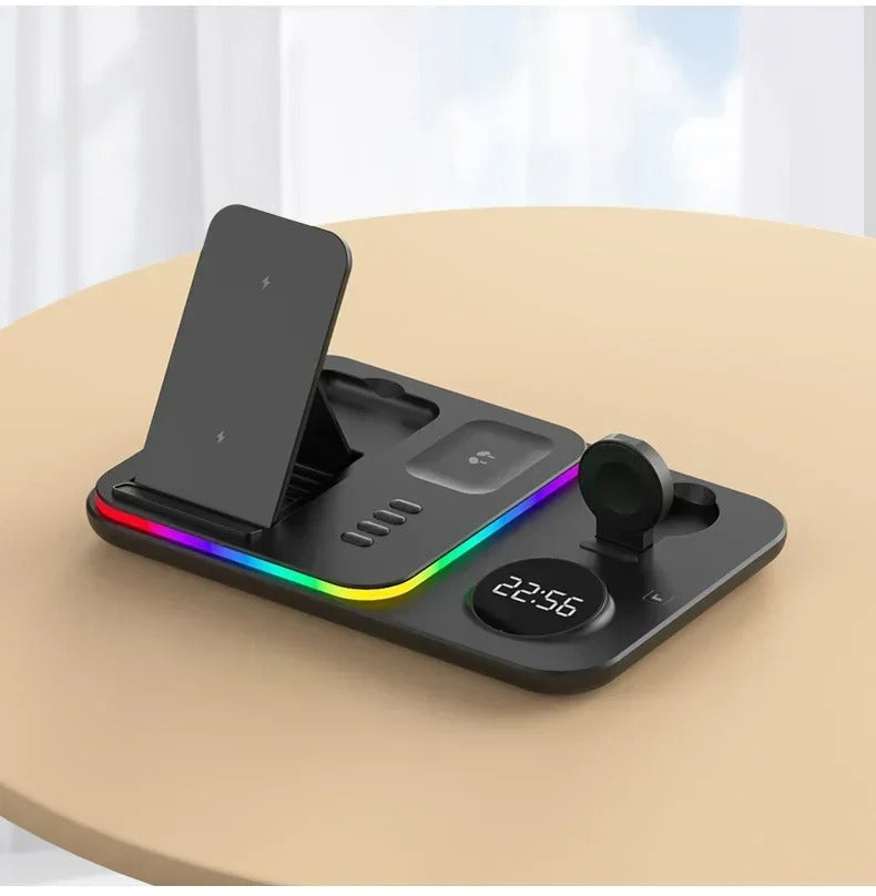 Premium 5 in 1 Wireless Charging Station – 30W Foldable Fast Charger Dock with RGB LED Light, Alarm Clock for Phones, Apple Watch, Samsung Watch & AirPods