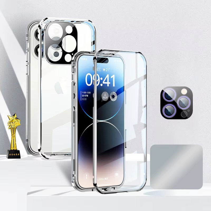 High Quality 360° Magnetic Apple iPhone Case Ultra Full Metal Cover with Dual-Sided Glass and Camera Lens Protection Frame